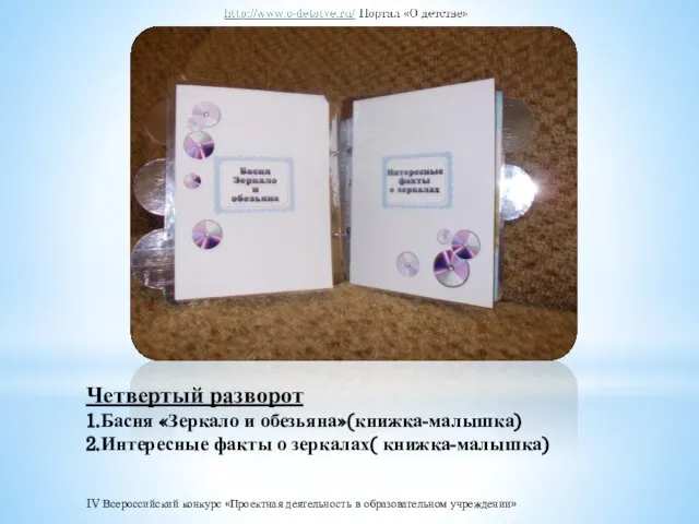 Четвертый разворот 1.Басня «Зеркало и обезьяна»(книжка-малышка) 2.Интересные факты о зеркалах( книжка-малышка)