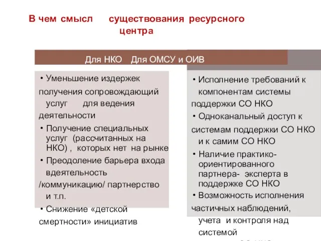 В чем смысл существования ресурсного центра Уменьшение издержек получения сопровождающий услуг