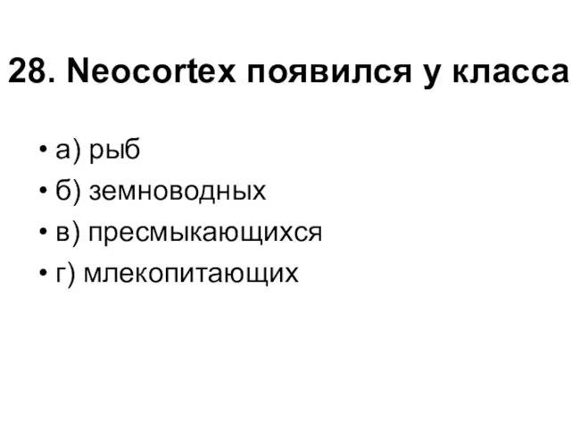 28. Neocortex появился у класса а) рыб б) земноводных в) пресмыкающихся г) млекопитающих