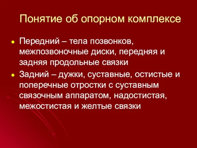 Понятие об опорном комплексе Передний – тела позвонков, межпозвоночные диски, передняя