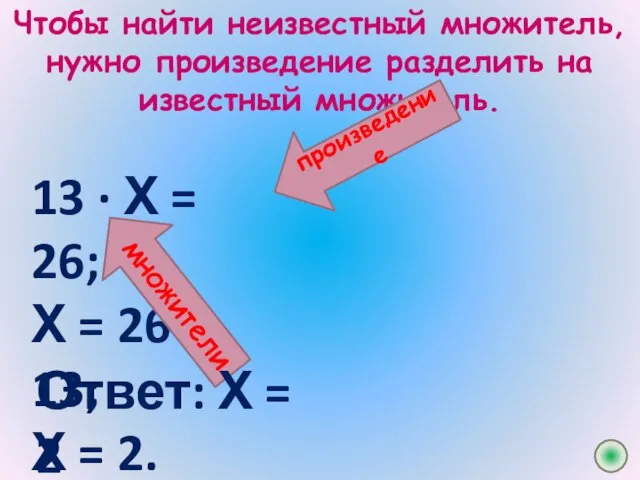 Чтобы найти неизвестный множитель, нужно произведение разделить на известный множитель. 13