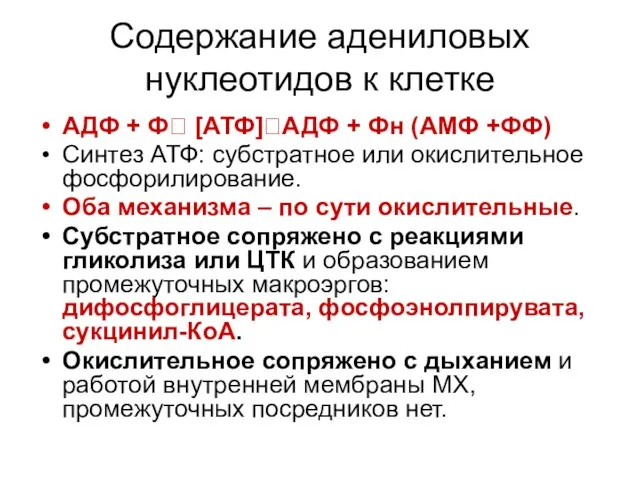 Содержание адениловых нуклеотидов к клетке АДФ + Ф? [АТФ]?АДФ + Фн