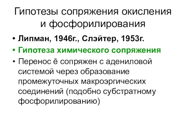 Гипотезы сопряжения окисления и фосфорилирования Липман, 1946г., Слэйтер, 1953г. Гипотеза химического