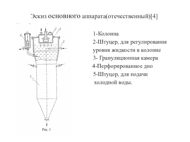 Эскиз основного аппарата(отечественный)[4] 1-Колонна 2-Штуцер, для регулирования уровня жидкости в колонне