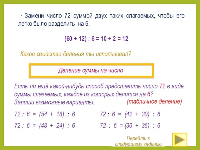 Какое свойство деления ты использовал? Деление суммы на число ∙ Замени