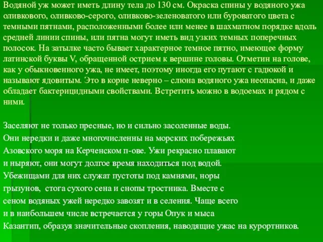 Водяной уж может иметь длину тела до 130 см. Окраска спины