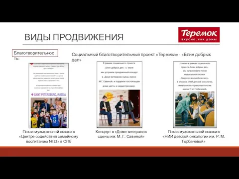 ВИДЫ ПРОДВИЖЕНИЯ Социальный благотворительный проект «Теремка» - «Блин добрых дел» Показ