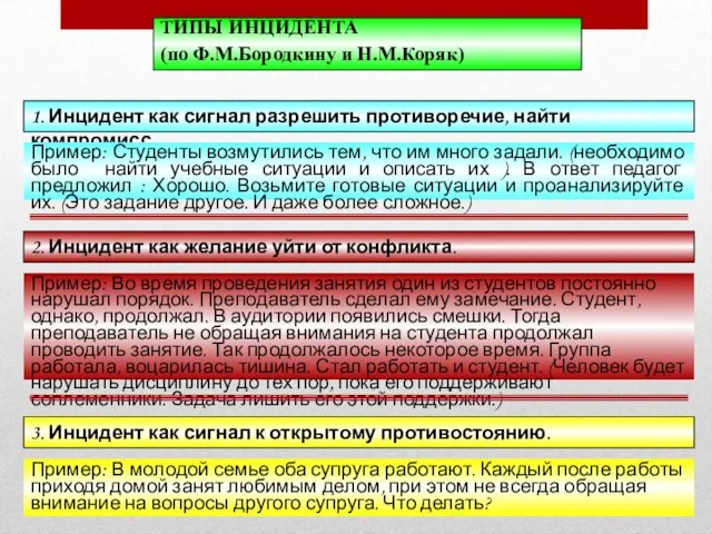 ТИПЫ ИНЦИДЕНТА (по Ф.М.Бородкину и Н.М.Коряк) 1. Инцидент как сигнал разрешить