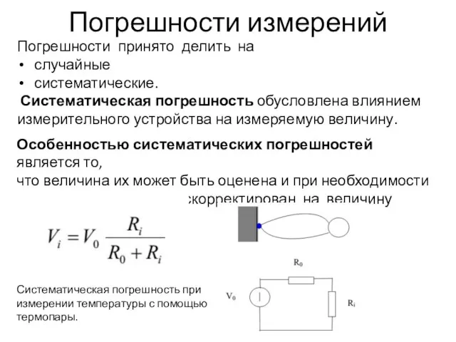 Погрешности измерений Погрешности принято делить на случайные систематические. Систематическая погрешность обусловлена