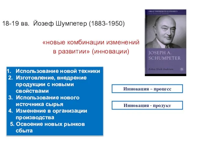 18-19 вв. Йозеф Шумпетер (1883-1950) «новые комбинации изменений в развитии» (инновации)
