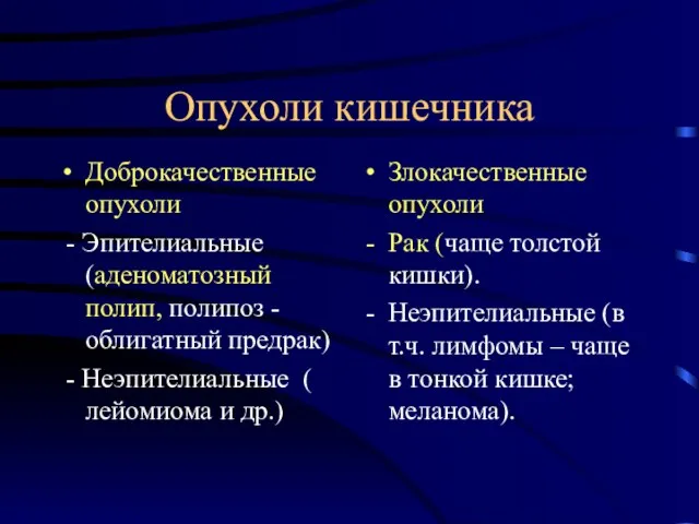 Опухоли кишечника Доброкачественные опухоли - Эпителиальные (аденоматозный полип, полипоз - облигатный