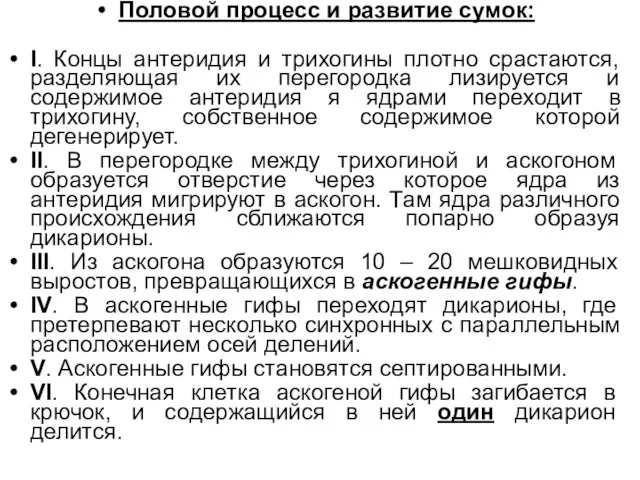 Половой процесс и развитие сумок: I. Концы антеридия и трихогины плотно