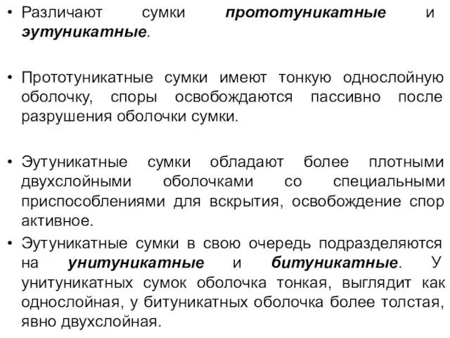 Различают сумки прототуникатные и эутуникатные. Прототуникатные сумки имеют тонкую однослойную оболочку,