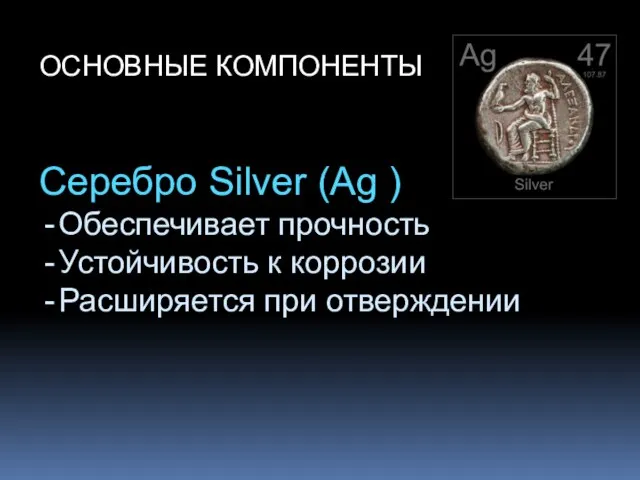 ОСНОВНЫЕ КОМПОНЕНТЫ Серебро Silver (Ag ) Обеспечивает прочность Устойчивость к коррозии Расширяется при отверждении