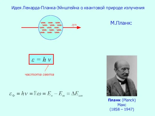 Идея Ленарда-Планка-Эйнштейна о квантовой природе излучения М.Планк: ε = h ν