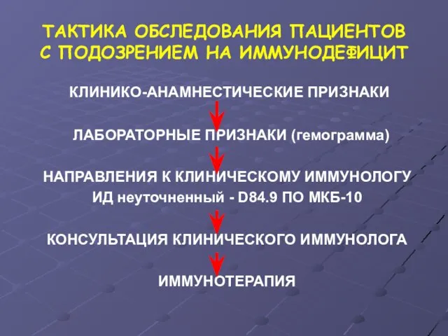 ТАКТИКА ОБСЛЕДОВАНИЯ ПАЦИЕНТОВ С ПОДОЗРЕНИЕМ НА ИММУНОДЕФИЦИТ КЛИНИКО-АНАМНЕСТИЧЕСКИЕ ПРИЗНАКИ ЛАБОРАТОРНЫЕ ПРИЗНАКИ