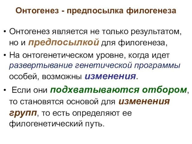 Онтогенез - предпосылка филогенеза Онтогенез является не только результатом, но и