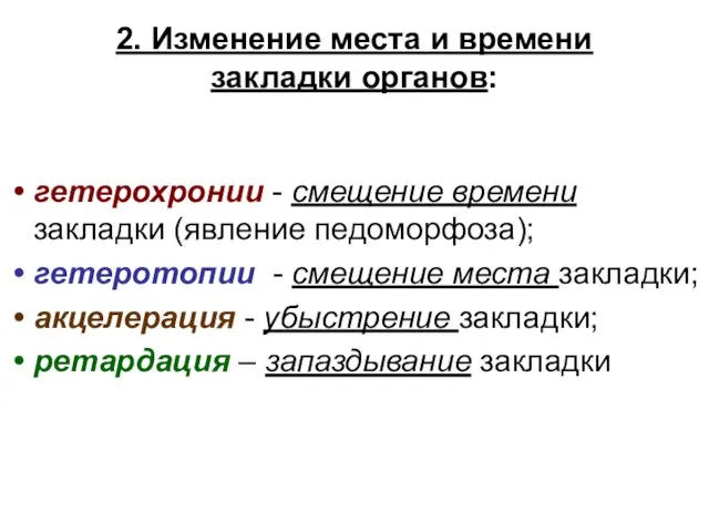 2. Изменение места и времени закладки органов: гетерохронии - смещение времени