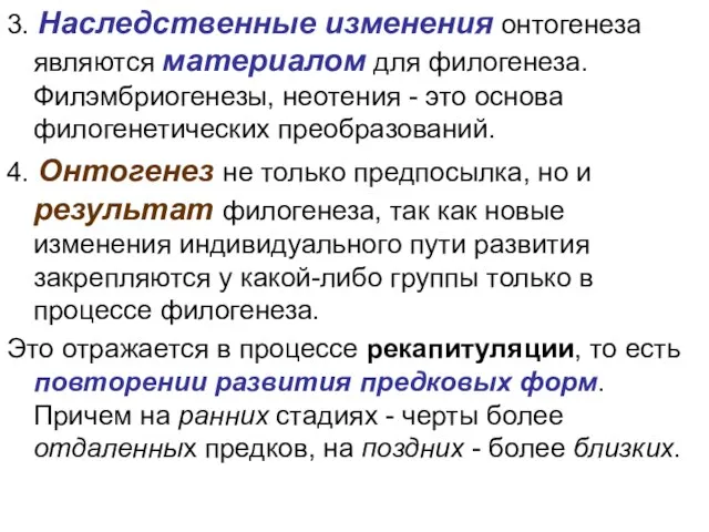 3. Наследственные изменения онтогенеза являются материалом для филогенеза. Филэмбриогенезы, неотения -