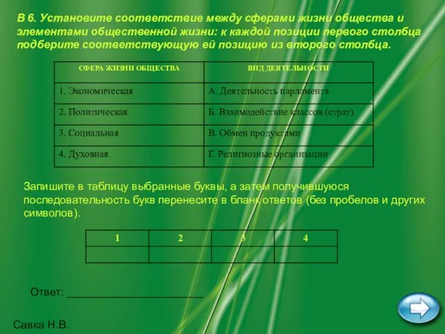 Савка Н.В. В 6. Установите соответствие между сферами жизни общества и