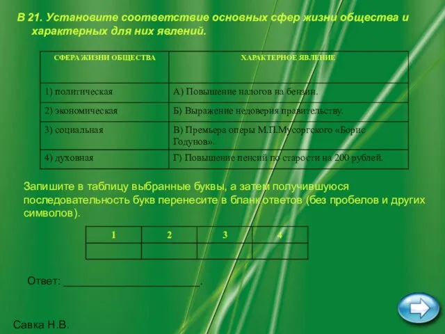 Савка Н.В. В 21. Установите соответствие основных сфер жизни общества и