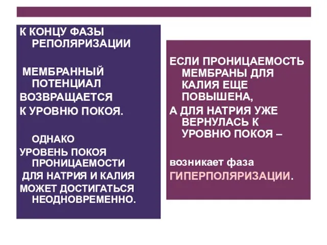 К КОНЦУ ФАЗЫ РЕПОЛЯРИЗАЦИИ МЕМБРАННЫЙ ПОТЕНЦИАЛ ВОЗВРАЩАЕТСЯ К УРОВНЮ ПОКОЯ. ОДНАКО