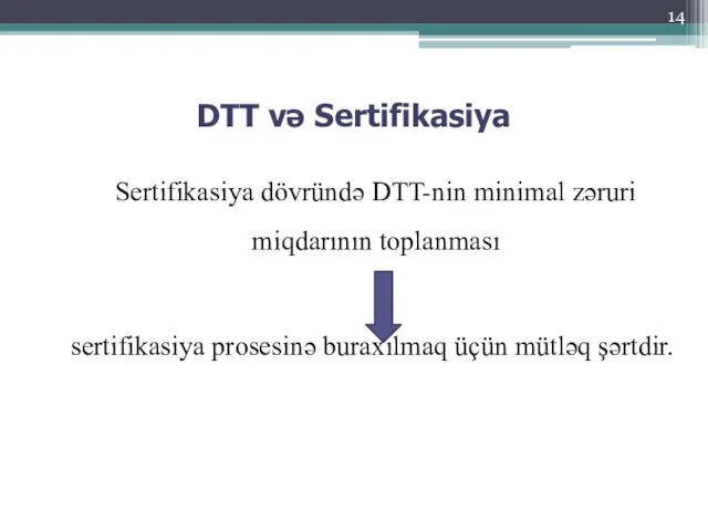 DTT və Sertifikasiya Sertifikasiya dövründə DTT-nin minimal zəruri miqdarının toplanması sertifikasiya prosesinə buraxılmaq üçün mütləq şərtdir.