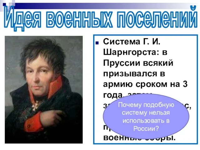 Идея военных поселений Система Г. И. Шарнгорста: в Пруссии всякий призывался