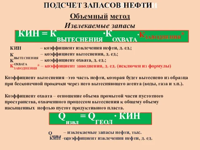 Qизвл = QГЕОЛ ∙ КИН QИЗВЛ – извлекаемые запасы нефти, тыс.