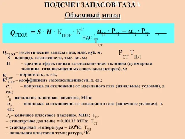 ПОДСЧЕТ ЗАПАСОВ ГАЗА Объемный метод КПОР QГЕОЛ – геологические запасы газа,