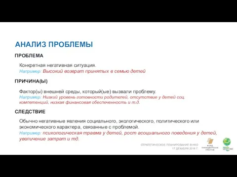 АНАЛИЗ ПРОБЛЕМЫ СТРАТЕГИЧЕСКОЕ ПЛАНИРОВАНИЕ В НКО 17 ДЕКАБРЯ 2018 Г. ПРОБЛЕМА