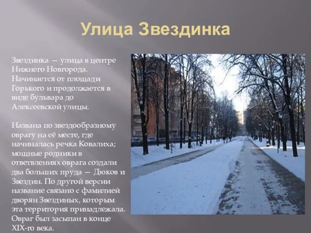 Улица Звездинка Звездинка — улица в центре Нижнего Новгорода. Начинается от