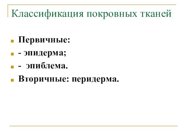 Классификация покровных тканей Первичные: - эпидерма; - эпиблема. Вторичные: перидерма.