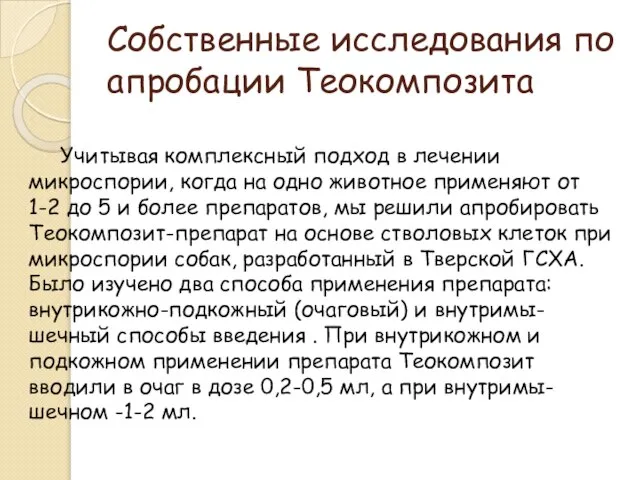 Собственные исследования по апробации Теокомпозита Учитывая комплексный подход в лечении микроспории,