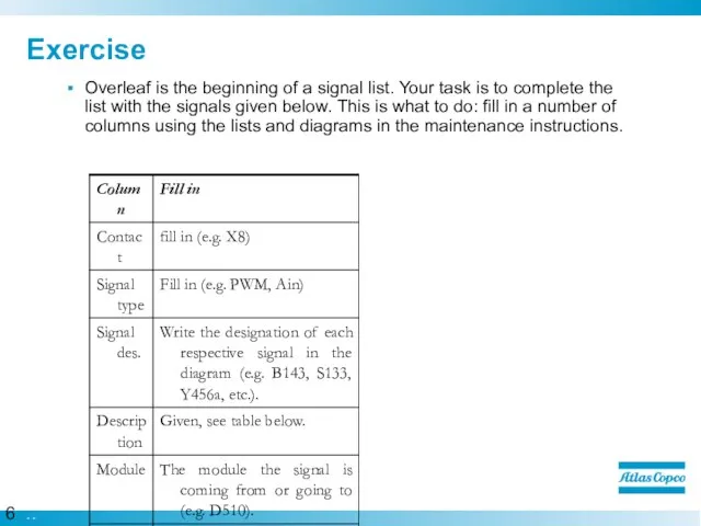 Exercise Overleaf is the beginning of a signal list. Your task