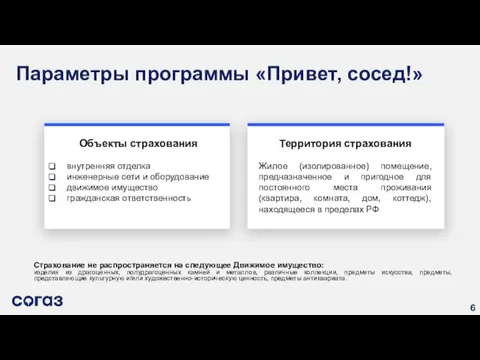 Параметры программы «Привет, сосед!» Объекты страхования внутренняя отделка инженерные сети и