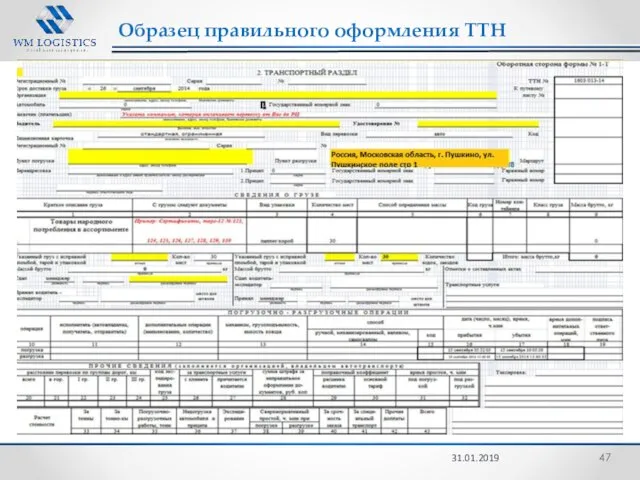 31.01.2019 Образец правильного оформления ТТН