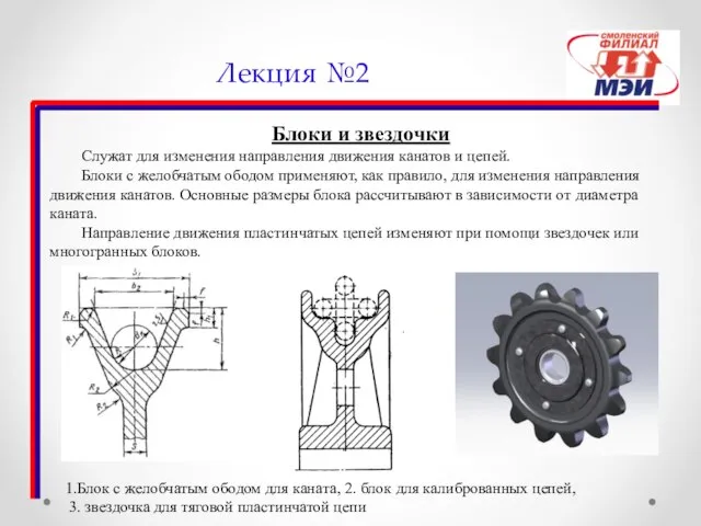 Лекция №2 Блоки и звездочки Служат для изменения направления движения канатов