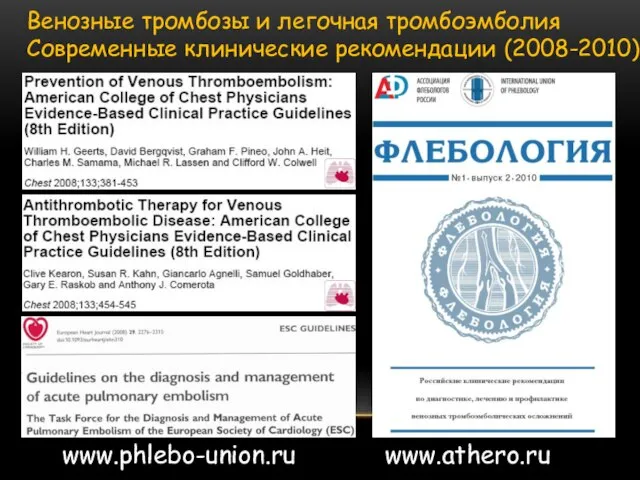 Венозные тромбозы и легочная тромбоэмболия Современные клинические рекомендации (2008-2010) www.phlebo-union.ru www.athero.ru