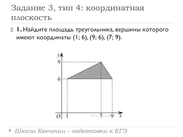 Задание 3, тип 4: координатная плоскость 1. Найдите площадь треугольника, вершины