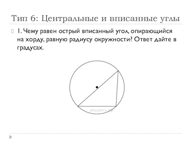 Тип 6: Центральные и вписанные углы 1. Чему равен острый вписанный