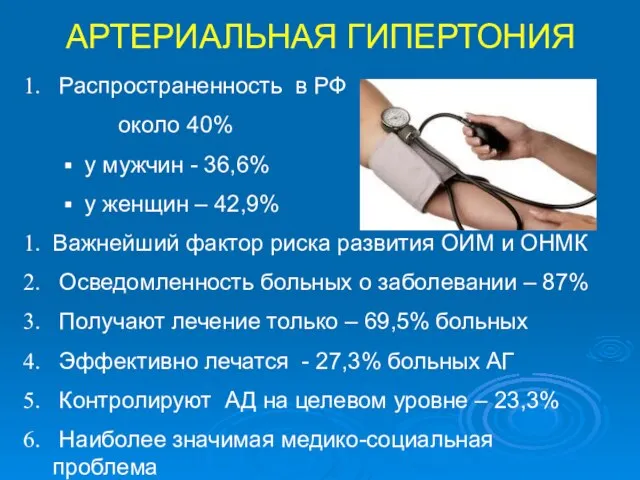 АРТЕРИАЛЬНАЯ ГИПЕРТОНИЯ Распространенность в РФ около 40% у мужчин - 36,6%
