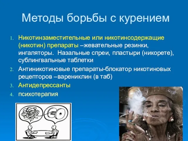 Методы борьбы с курением Никотинзаместительные или никотинсодержащие (никотин) препараты –жевательные резинки,