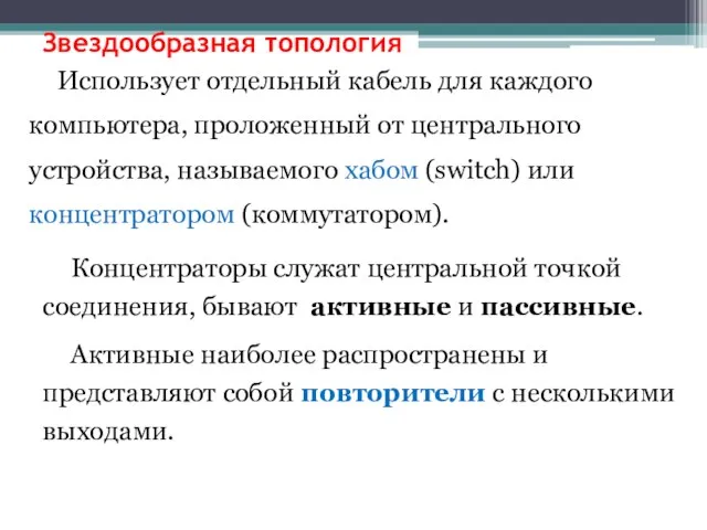 Звездообразная топология Использует отдельный кабель для каждого компьютера, проложенный от центрального