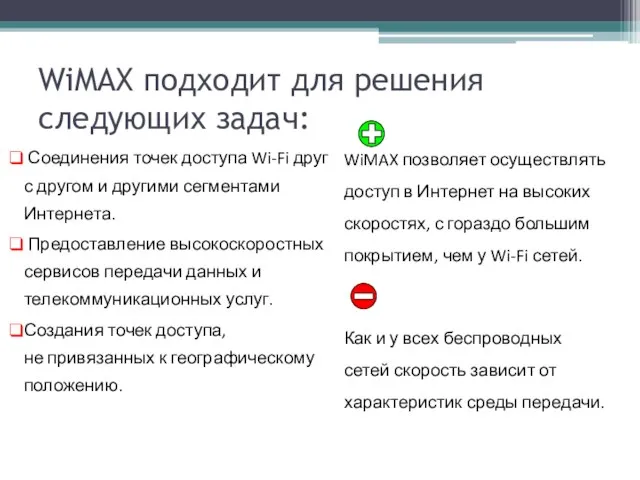 WiMAX подходит для решения следующих задач: Соединения точек доступа Wi-Fi друг