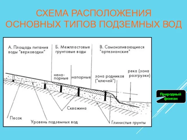 СХЕМА РАСПОЛОЖЕНИЯ ОСНОВНЫХ ТИПОВ ПОДЗЕМНЫХ ВОД Природный фонтан