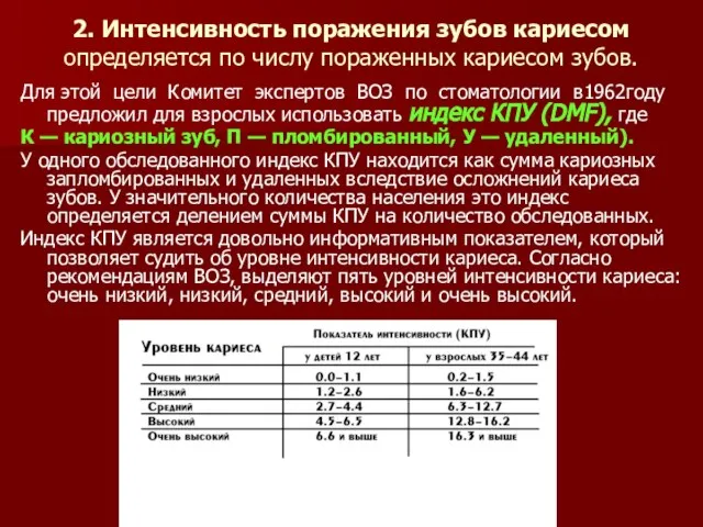 2. Интенсивность поражения зубов кариесом определяется по числу пораженных кариесом зубов.