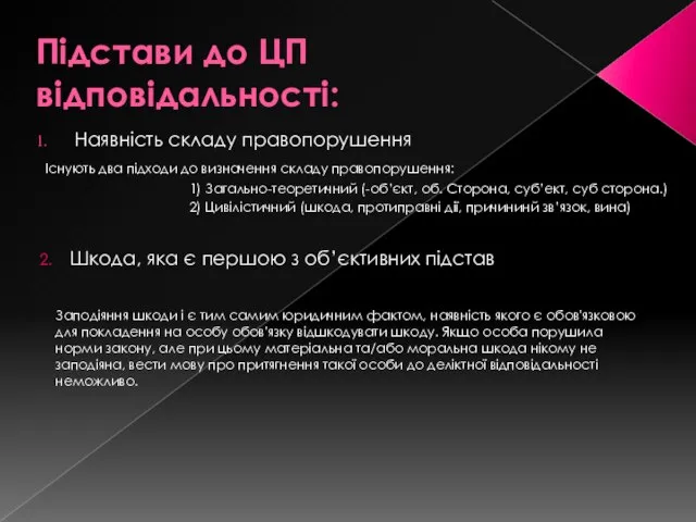 Підстави до ЦП відповідальності: Наявність складу правопорушення Існують два підходи до