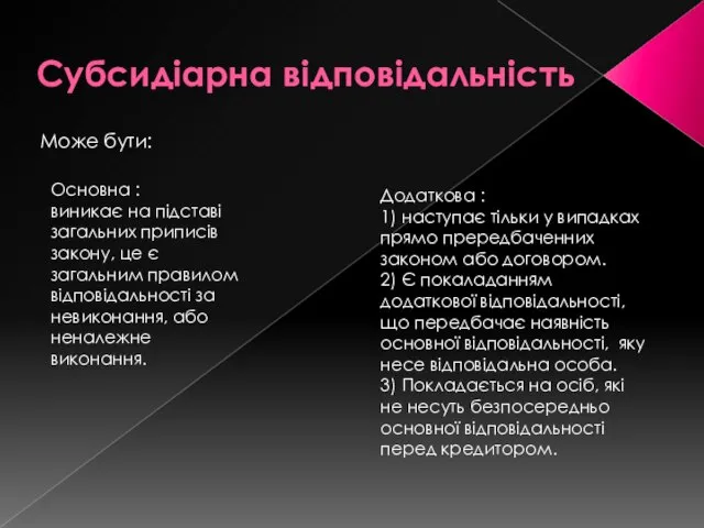 Субсидіарна відповідальність Може бути: Основна : виникає на підставі загальних приписів