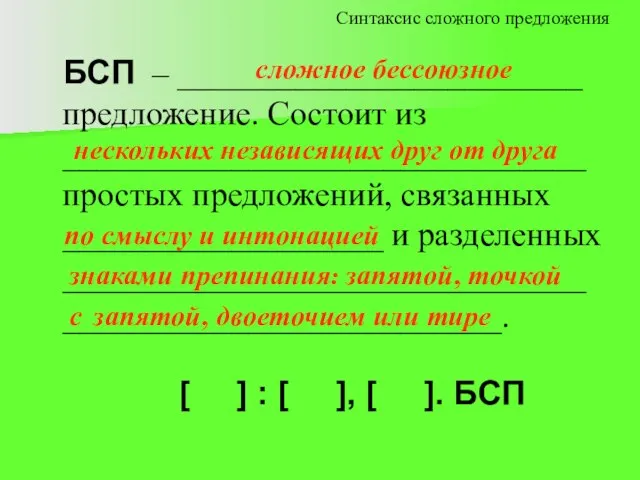 БСП – ________________________ предложение. Состоит из _______________________________ простых предложений, связанных ___________________